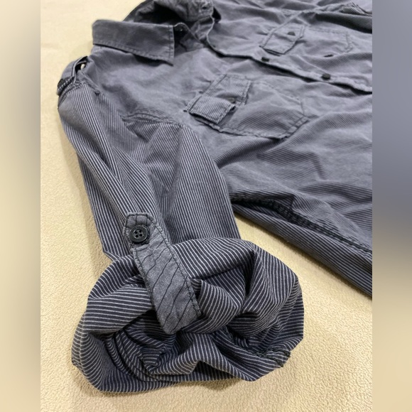 Gray PINSTRIPE Long Sleeve Black Charcoal Collared Button-Down Night Life Shirt - Picture 1 of 13